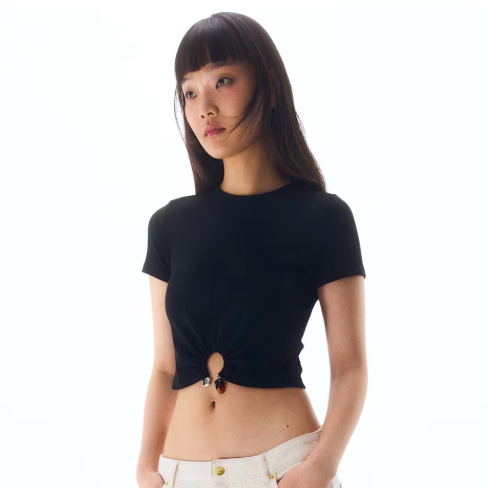 H&M Women’s Black Bead-Detail Ribbed Cropped T-Shirt Size Small NWT
